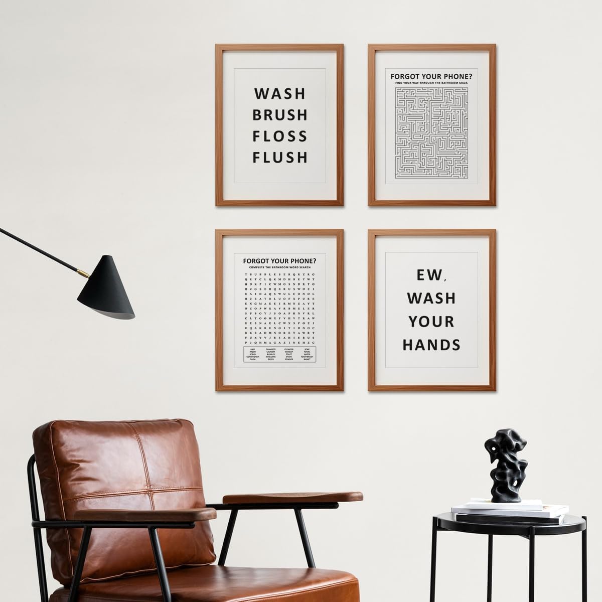 ETVISO Funny Bathroom Decor Wall Art Set of 4, Funny Crossword Puzzle Wall Art, Funny Forget Your Phone Sign, Bathroom Word Search Wall Decor, 8x10 (Unframed)