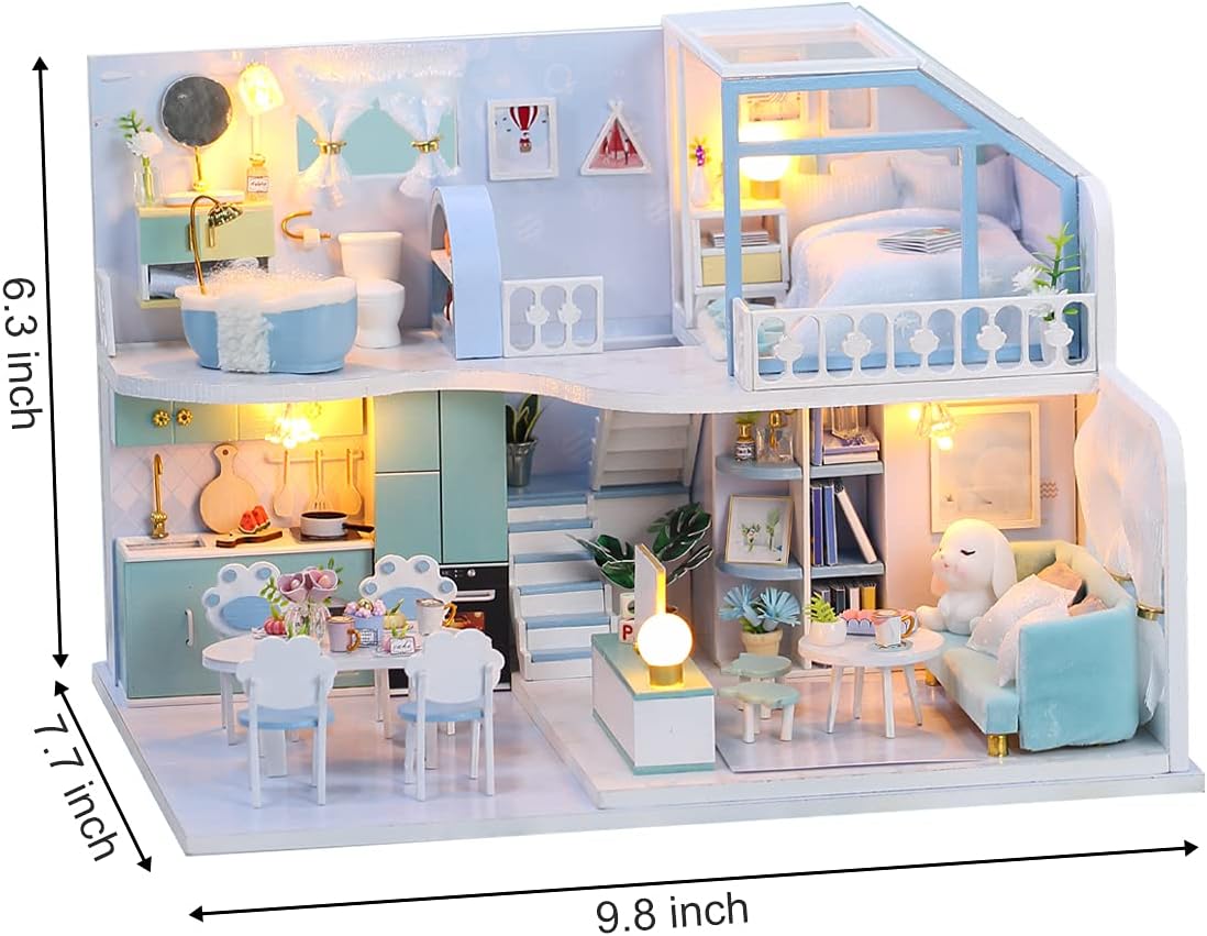 GuDoQi DIY Miniature Dollhouse Kit, Tiny House kit with Furniture, Miniature House Kit 1:24 Scale, Great Gift for Birthday Christmas Day, Beautiful Blue Room