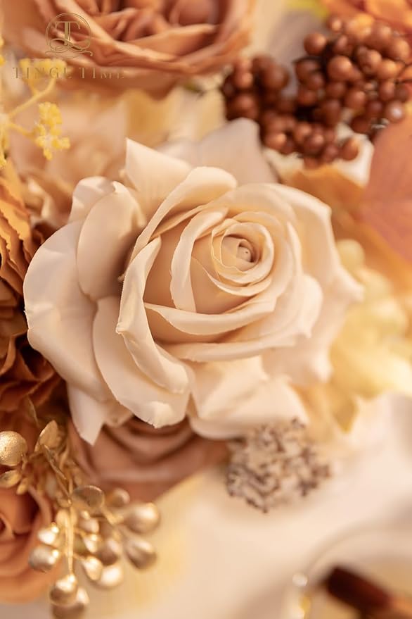 TINGE TIME Silk Fake Flowers Combo, Fake Foam Roses with Stems for DIY Wedding Bouquets Centerpieces Baby Shower Party Home Decorations(Nude Color & Pale Coffee)