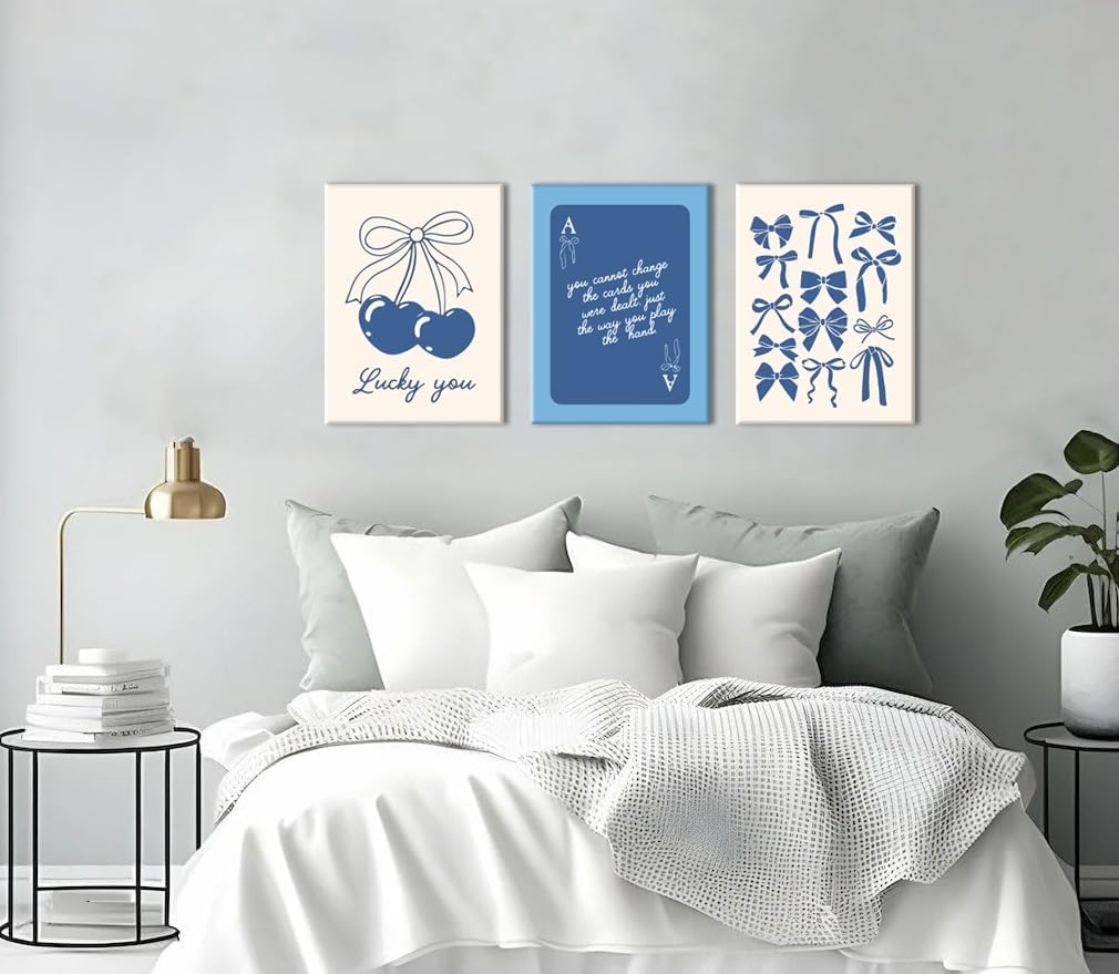 Julaydi Blue Preppy Wall Art Framed Set of 3 Trendy Navy Bow Posters Cherry Lucky You Poker Canvas Prints Minimalist Painting Picture Girly College Apartment Decor for Living Room Bedroom Dorm 16x24in