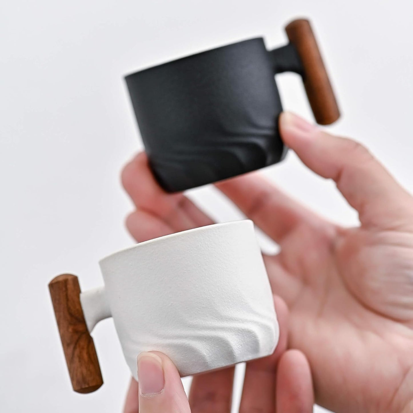 Espresso Cups Set of 2, Small Tea Cups, 2.1oz Ceramic Espresso Cups with Wooden Handle