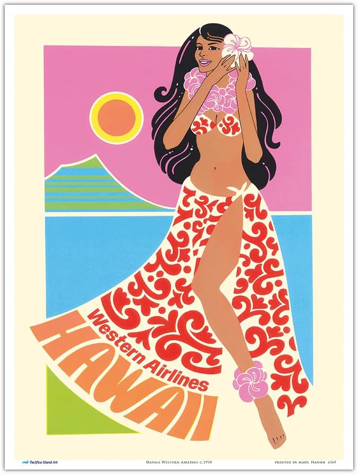 Hawaii - Western Airlines - Vintage Airline Travel Poster c.1970 - Master Art Print (Unframed) 9in x 12in
