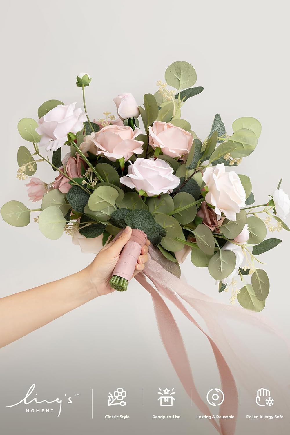 Ling's moment Pink Wedding Bouquets for Bride, Dusty Rose Bridal Bouquets for Bride, 15 Inch Free Form Artificial Wedding Flowers Bouquets