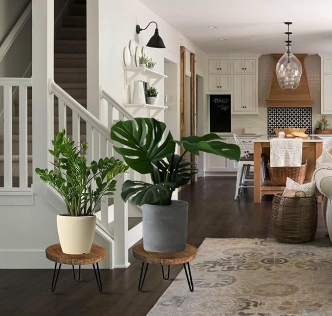 Plant Stand Indoor Outdoor, Wooden plant Stool, Mid Century Plant Stand for Indoor Plants, Wood Modern Plant Holder Rattan Flower, Low Short Boho Rustic Planter Stand Fit 5-15 Inch Pot(S,M,L) 3Pack