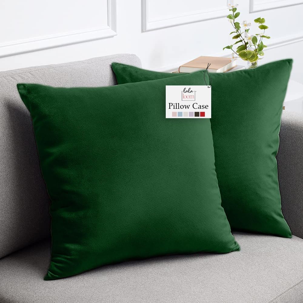 lalaLOOM Velvet Throw Pillow Covers, Set of 2, 20x20 Decorative Square Pillows Home Decor, Soft Accent Cases, Silky Machine Washable Pillowcases for Sofa, Couch, Bedroom, Living Room, Hunter Green
