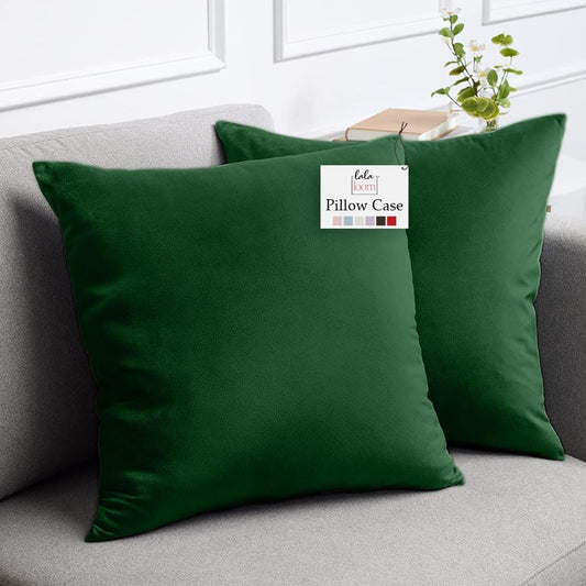 lalaLOOM Velvet Throw Pillow Covers, Set of 2, 20x20 Decorative Square Pillows Home Decor, Soft Accent Cases, Silky Machine Washable Pillowcases for Sofa, Couch, Bedroom, Living Room, Hunter Green