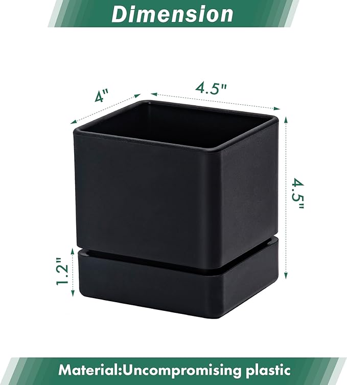 4 Inch Herb Planter Pot, Plastic Planter with Drainage Holes and Saucer, Modern Decorative Gardening Pot for Indoor Plants, Flowers, Herbs, Succulents, Black, Set of 6, 76-Y-B-6