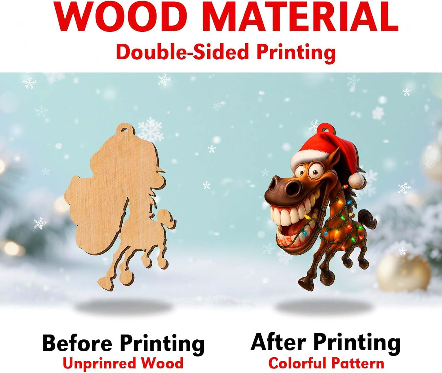 Farmhouse 2 Side Printed Wooden Ornament, Farm Animal Tree Decoration, Crazy Horse Ornament, Holiday Hanging Keepsake Gift for Christmas