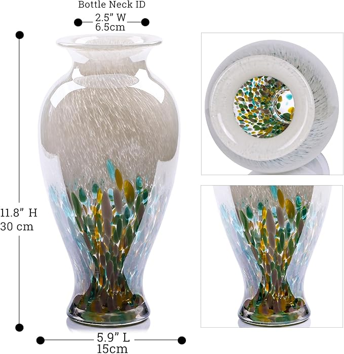 11.8" Tall Blown Green Glass Vase, Colorful Opaque Glass Vase, Unique Design Wide Mouth Art Decoration for Home, Living Room, Dining Table, Pampas Grass Decor (Green)