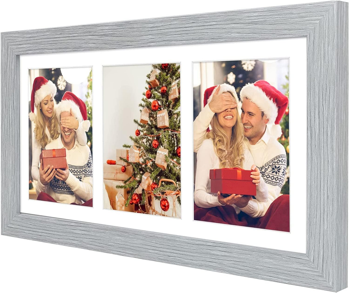 Golden State Art, Set of 10, 7x14 Grey Photo Wood Collage Frame with Mat Displays (3) 4"x6" Pictures