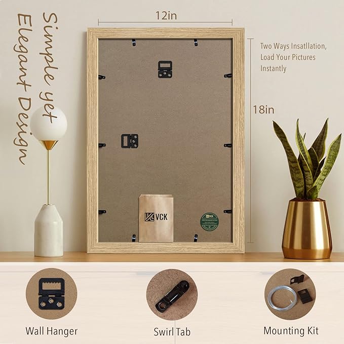 VCK 12x18 Poster Picture Frame Set of 3 - Beige Oak, Natural Solid Wood Frames with Polished Plexiglass