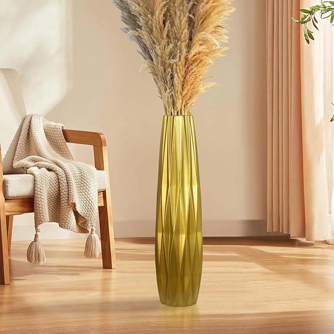 Gold Ceramic Tall Floor Vase,24 Inch Large Modern Flower Vases for Home Décor,Wicker Big Floor Vase Decorations for Farmhouse, Living Room,Bedroom,Standing Plastic Vase Decorative Tall