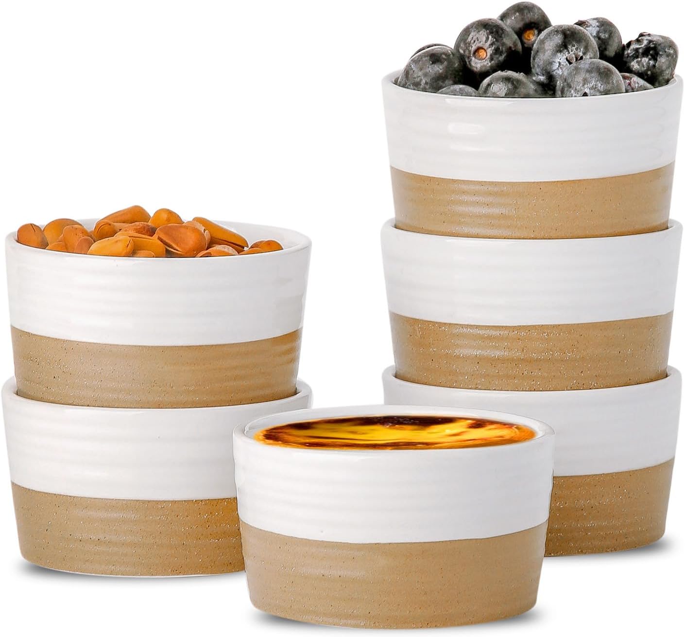 Hasense Ceramic Ramekins - 4 oz, Creme Brulee & Mini Souffle Dishes Set of 6, Oven Safe, White