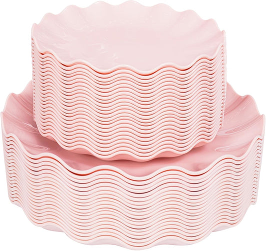 LIYH 50 Pcs Pink Plastic Plates Reusable - Durable and Dishwasher Safe Baby Shower Plates Wavy Daisy Plastic Flower Plate for Party Wedding Birthday Picnics BPA Free (25Guests)