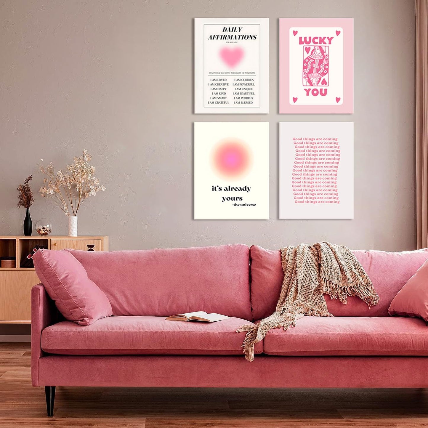 Hwetui Framed Preppy Pink Aura Wall Art Daily Affirmations posters Trendy Y2K Canvas Prints Cute Lucky You Painting Retro Aesthetic Room Decor Picture for College Dorm Bedroom 12x16Inch Set of 4