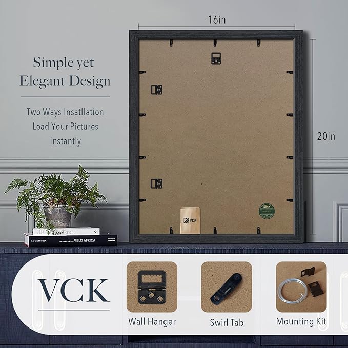 VCK 16x20 Picture Frames for Wall - Black Oak 3 Pack, Natural Wood Grain Solid Wood Poster Frame