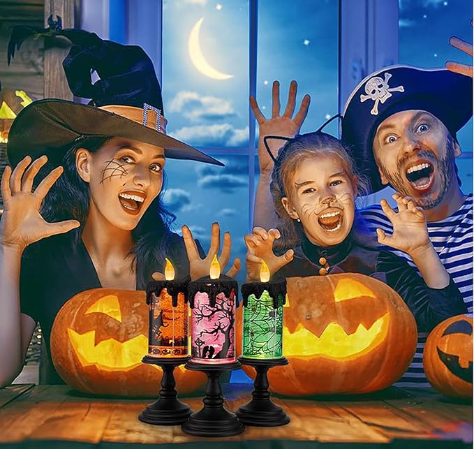 1.Halloween Snow Globe Tornado Flameless Candles Table Centerpiece for Celebration Party,Battery Operated LED Candle with 6 Hours Timer for Home Indoor Halloween Decoration (Spider)