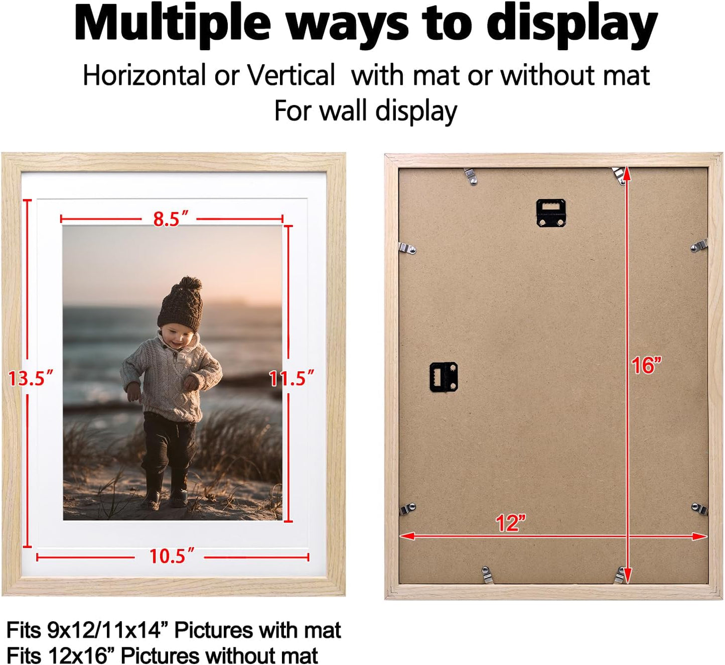KINLINK 12x16 Picture Frame Natural, Solid Wood Frames with Acrylic Plexiglass for Pictures 11x14/9x12 with Mat or 12x16 without Mat,Wall Display Photo Frame Set of 4