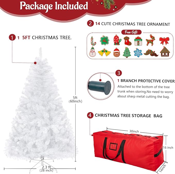 ULICO 5ft Artificial White Christmas Tree,Premium Spruce Xmas Tree with 600 Branch Tips, Fake Christmas Tree with Foldable Metal Base Stand,Home, Office,Party Decoration