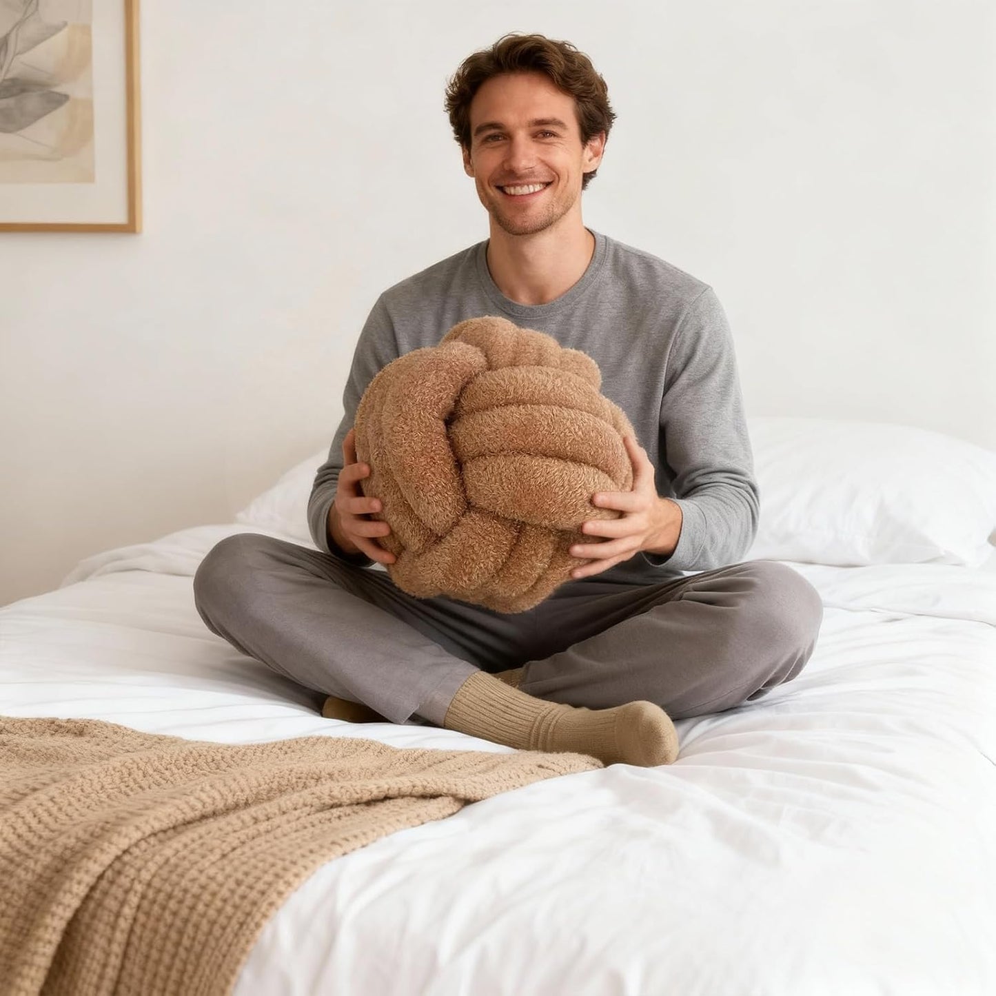 Knot Pillow Ball Plush - Decorative Throw Pillows for Bed Relieve Stress, Round Knot Cushion for Sofa Decor Pet Toy, Khaki 12 inch