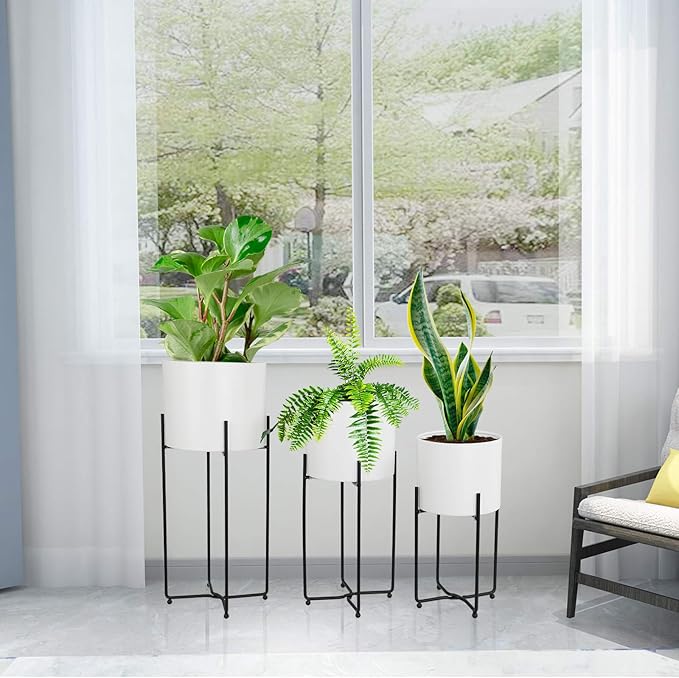 Sinolodo Mid Century Planter with Gold Plant Stand, 3 pcs Modern Planters for Indoor Plants, Metal Floor Planter Set with Foldable Stand(Pack of 3) (White Pot Black Stand, 9''+8''+7'')