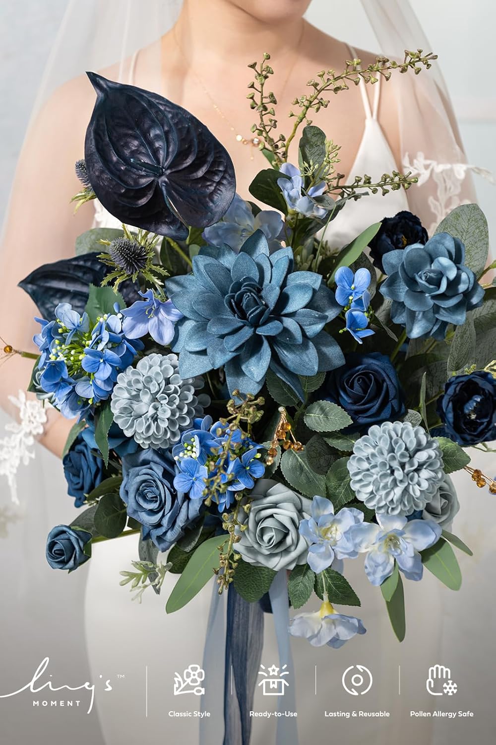Ling's moment Dusty Blue Wedding Bouquets for Bride, Navy Blue Bridal Bouquets for Bride, 13 Inch Free Form Artificial Wedding Flower Bouquet