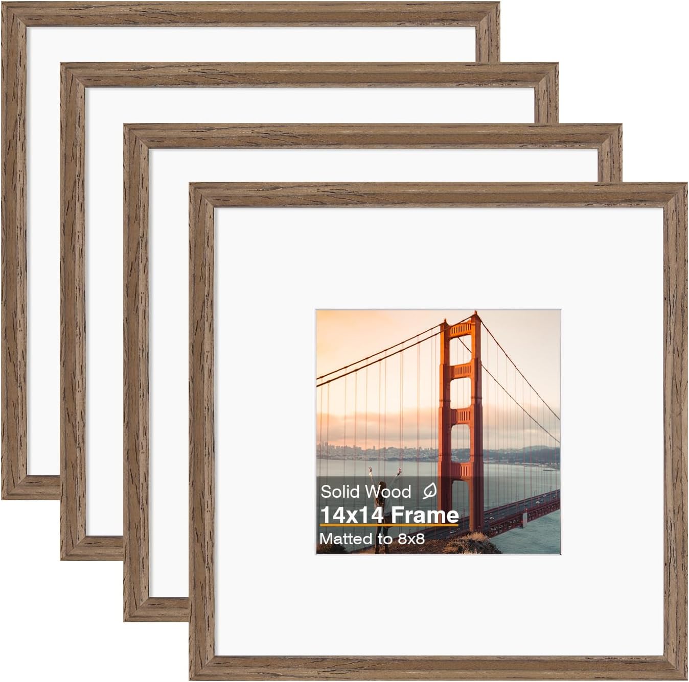 KINLINK 14x14 Picture Frame, Brown Square Solid Wood Frames for Pictures 8x8 with Mat or 14x14 without Mat, Wall Display Photo Frames Brown Wood 4 Pack