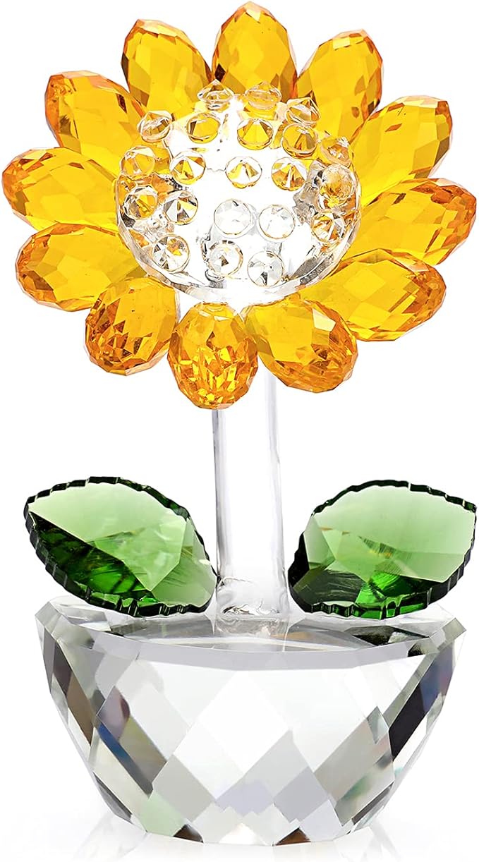 OwnMy Crystal Sunflower with Bud Glass Sunflower Figurine Collectible, Small Sunflower Ornament Paperweight Table Decoration with Gift Box, Glass Bouquet Flowers Centerpieces for Home Decors