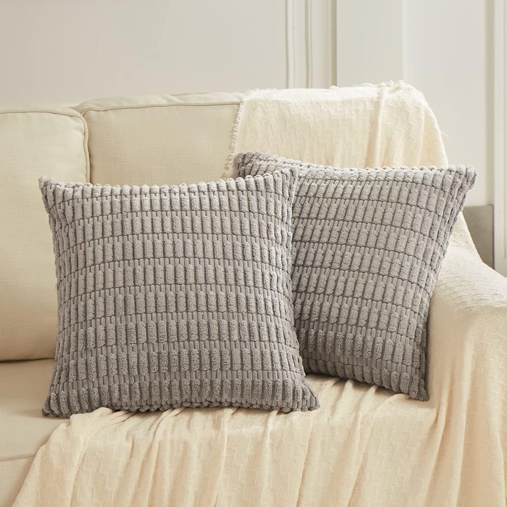 Fancy Homi Gray Farmhouse Decorative Throw Pillow Covers 20x20 Inch for Living Room Couch Bed Sofa, Rustic Boho Home Decor, Soft Striped Corduroy Square Cushion Case 50x50 cm