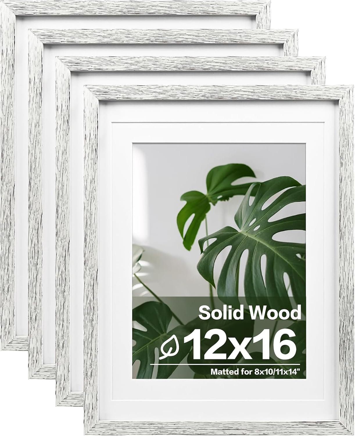 Egofine 12x16 Picture Frames Set of 4, Made of Solid Wood Covered by Plexiglass 9x12 and 11x14 with Mat or 12x16 without Mat, for Wall Mounting Photo Frame Driftwood White