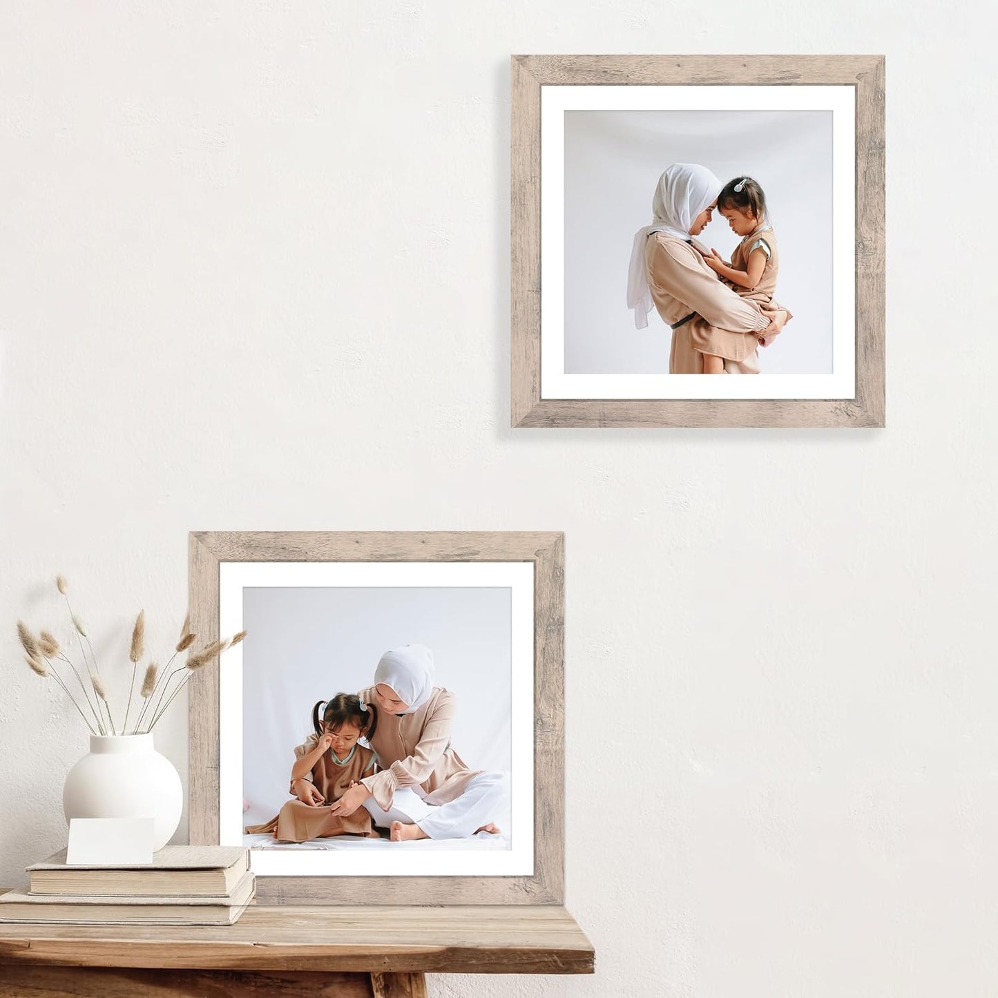 iRahmen 12x12 Picture Frame Set of 4 with Tempered Glass, Smoke Gray Frame Display 10x10 Picture with Mat or 12 x 12 Without Mat, Wood Square Photo Frames for Desktop Display and Wall Mounting