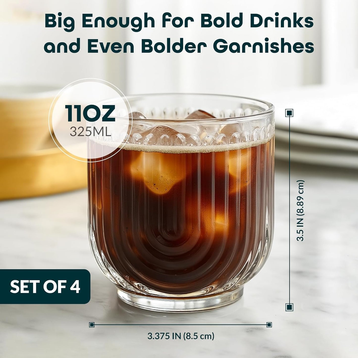 Glaver's Vintage Glassware Art Deco Glasse Ribbed Drinking Glasses U-Shape Arch Design Colored Cocktail Kitchen Tumblers Everyday Dinner Decorative Party (Clear S/4 11oz)