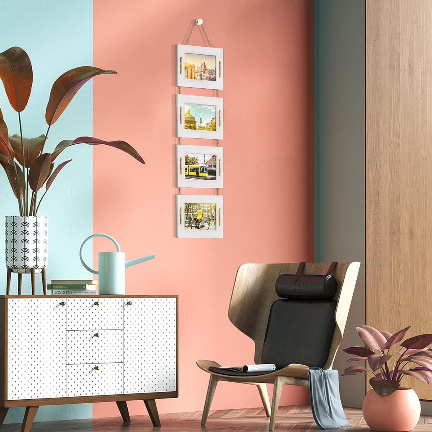 DLQuarts 5x7 Hanging Picture Frames Collage Wall Decor, 4-Opening 5x7 Matted to 3.5x5 Photo Rustic Wood Frame with Hemp Rope, 1 Pack, Vintage White