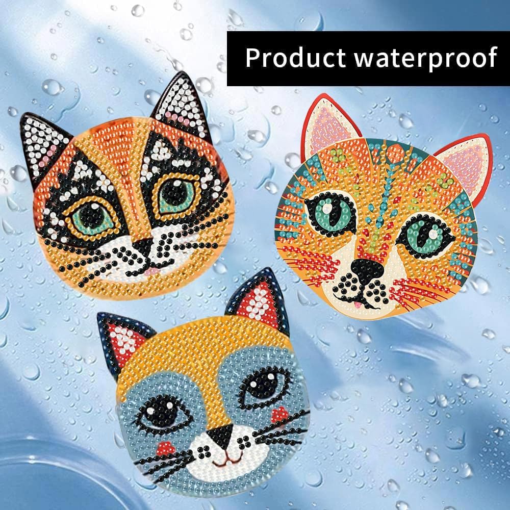 Meothan 6 Pcs Diamond Art Coasters Kits for Adults with Holder Cork Pads, Cats Diamond Dots Art Painting Coasters Crafts Kit for Home Office Decor Gifts (Cat Head Shaped)