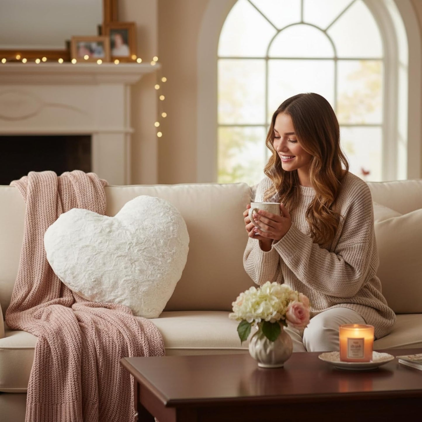 DaDalogy Bedding Luxury Dreamy White Faux Fur Heart Pillow - Lovely Valentine Gift Throw Cushion with Sewn Insert - Fluffy Cute Romantic Soft Sherpa Backside | Upgraded- 16” x 14”