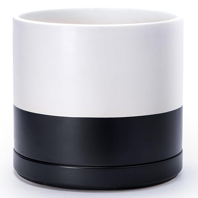 D'vine Dev 14 Inch Ceramic Planter Pot with Drainage Hole and Saucer, Indoor Cylinder Round Planter Pot, Layered Monochrome Black & White, 94-O-G-L