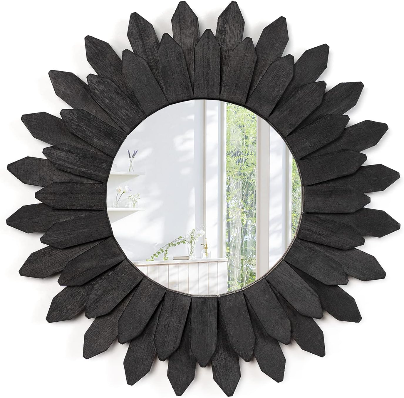 Emfogo Wall Mirror 12 inch Rustic Wood Sunburst Boho Mirror Farmhouse Wall Decor Room Decor Home Decor for Bedroom Living Room Entryway (Vintage Black)