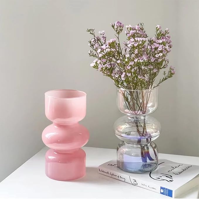 JSPYFITS Glass Hydroponic Flower Vase, 7 Inches Colored Glassbubble Vases for Flowers, Three-Layer Glass Funky Vase for Home/Office/Weddings/Party Table Flower Decor (Pink)