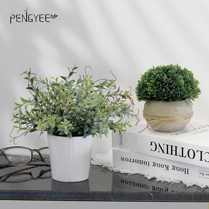 4 Pack Small Fake Plants, Artificial Plants Indoor for Home Decor, Small Faux Plants Indoor, Fake Plants in White Pot for Bathroom Bedroom Kitchen Office Farmhouse Room Shelf Decor