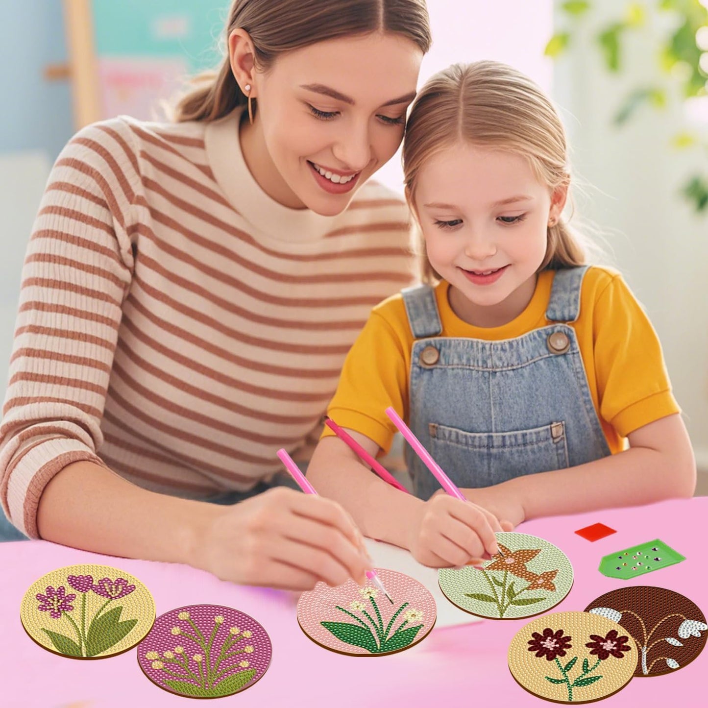 DOTSOPS 6Pack Diamond Art Coaster with Holder 5D Diamond Painting Kits for Adults Round Full Drill Beginners Gem Dots Craft Arts Supplies Party Home Decor Flower