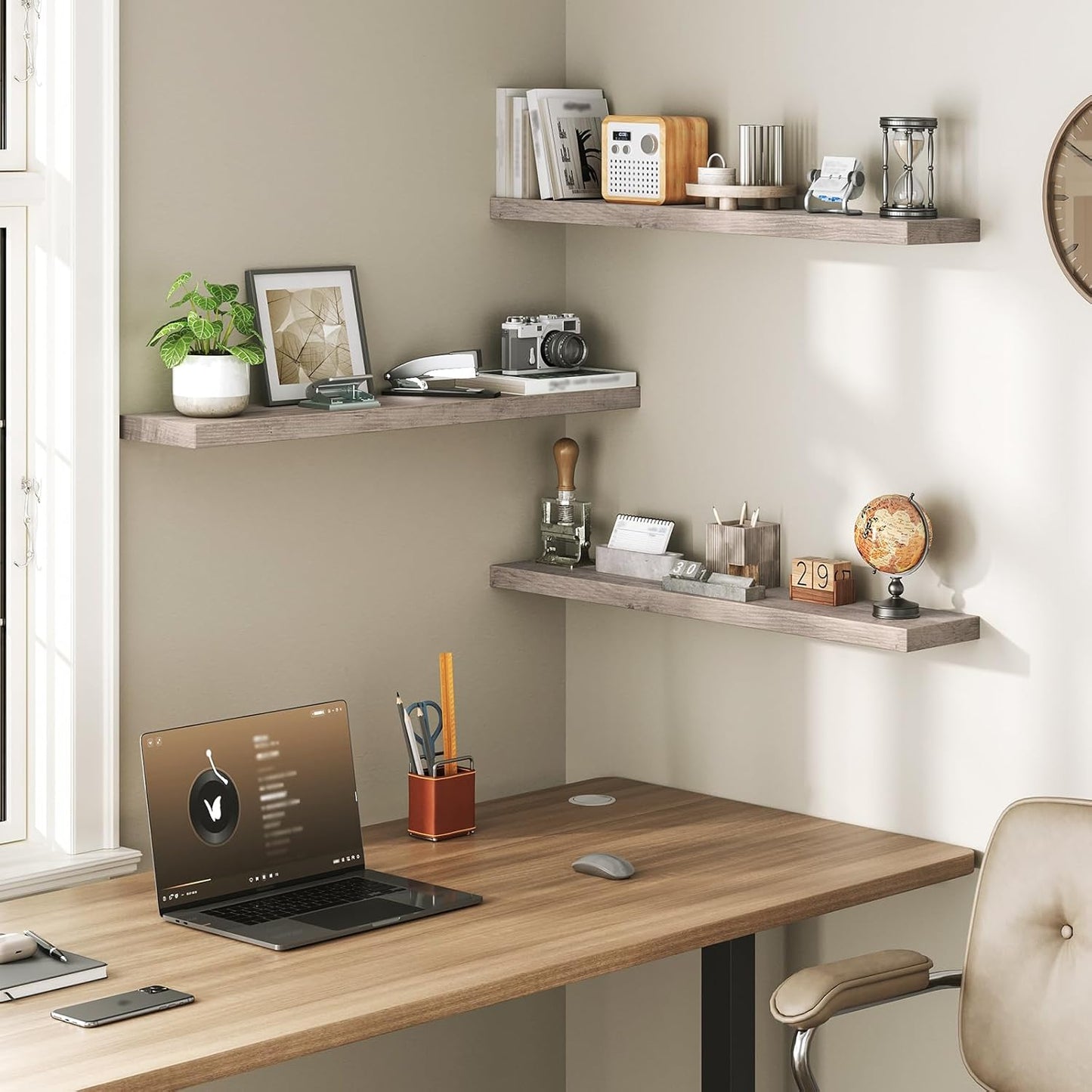 Floating Shelves for Wall, 1.5" Thick Wall Shelf Set of 3 with Invisible Brackets, L31.5 x W7.9 Hanging Book Shelves Farmhouse Home Decor for Bathroom, Living Room, Bedroom, Greige 8301BJP3BG