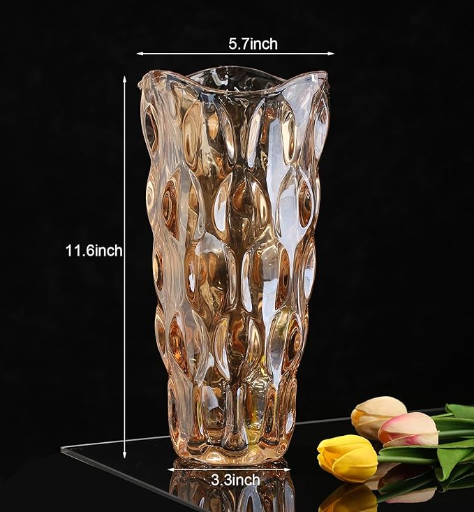 Amber Glass Vase, Thickened Cylindrical, Modern Boho Style, Handmade Decorative Flower Vase for Centerpiece Dining Table, Wedding, Holiday Party, 11.6 Inches Tall