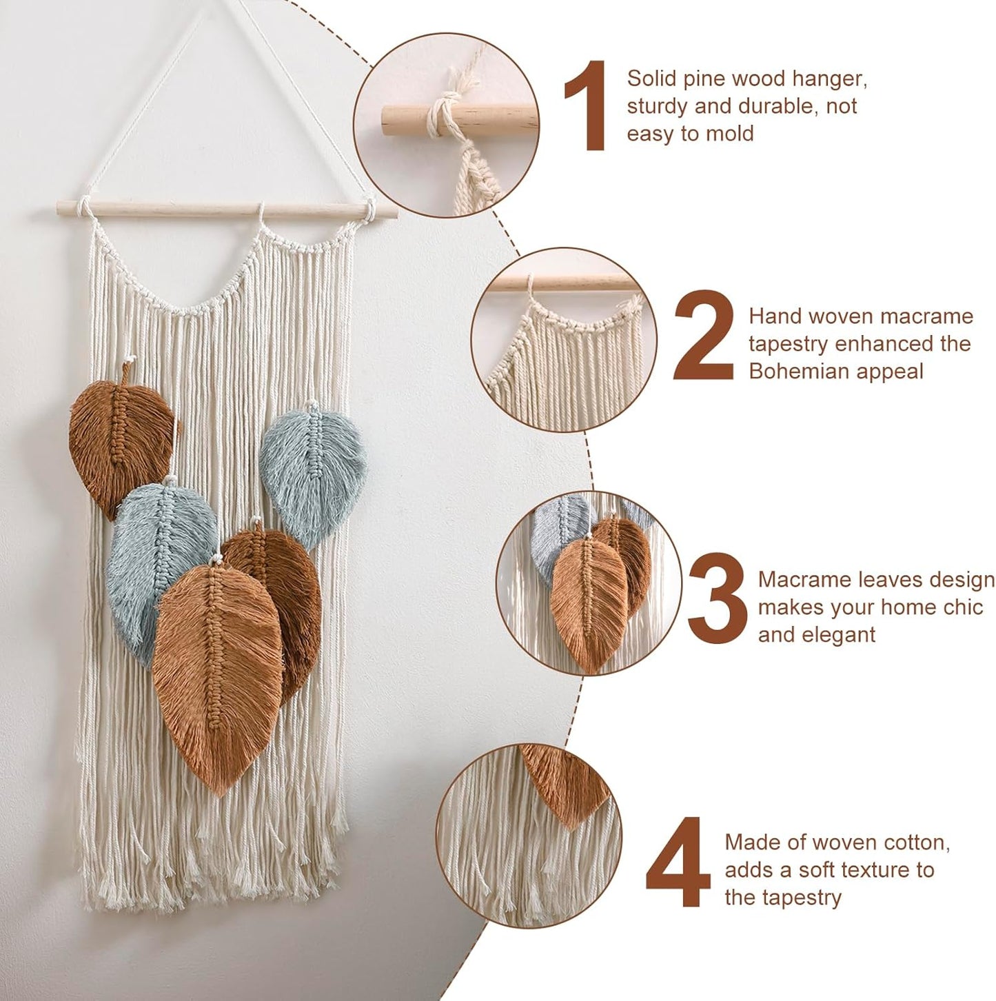 Macrame Leaves Tapestry Wall Decor- Bohemian Woven Tapestries Fall Leaves Wall Art, Large Boho Tassels Hanging Ornament Western Room Decor for Bedroom Living Room Dorm