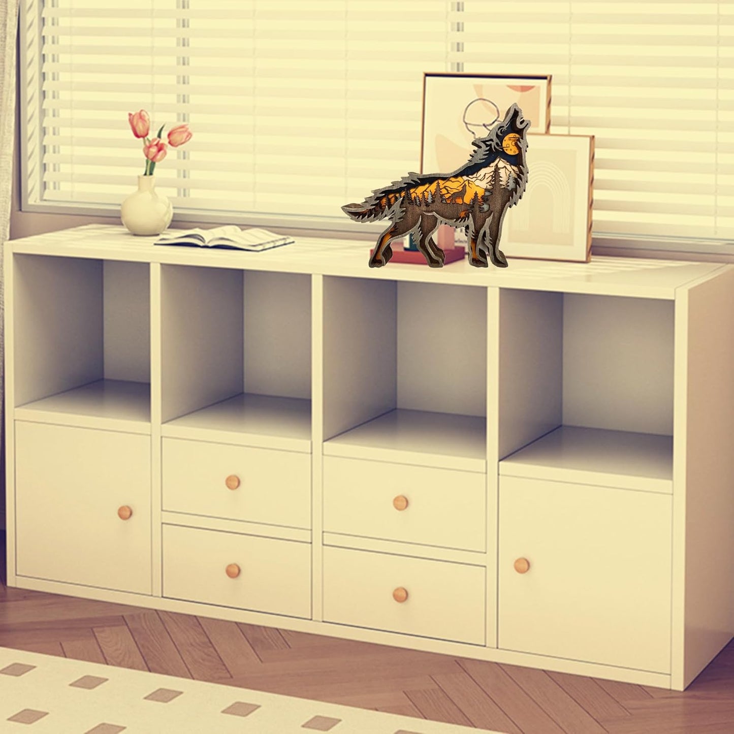 Forest Animal Desk Art Decor Wooden Farmhouse Table Decoration, Cabin Decor, Nursery Decor Mountain Decor for Bedroom Living Room(Wolf)