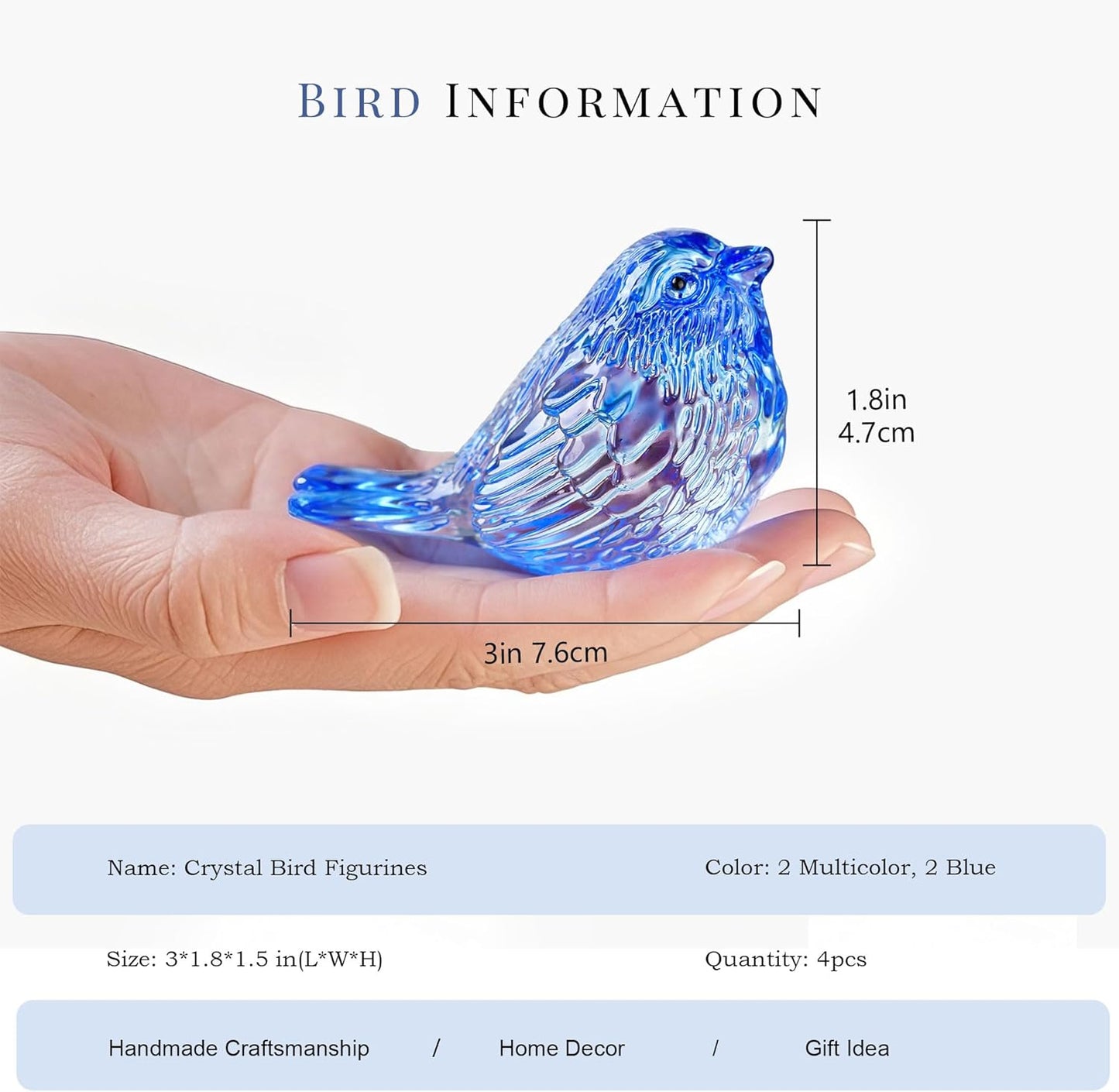 HDCRYSTALGIFTS 4PCS Colorful Crystal Birds Figurines - 3'' Art Glass Birds Animal Collectible Figurines Gifts for Women Bird Lovers Home Tabletop Office Decor