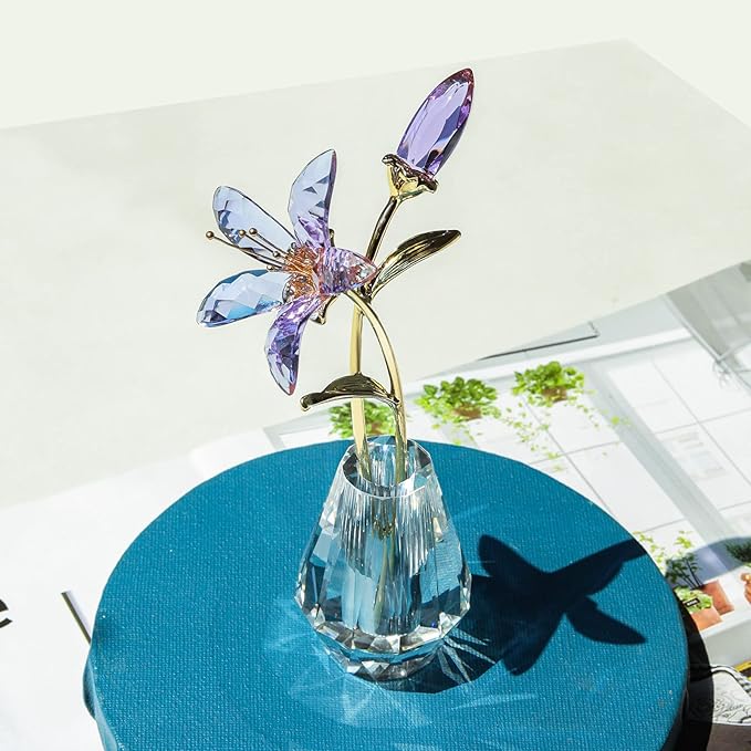 LONGWIN Crystal Artifical Tiger Lily Flowers with Vase - Purple Glass Collectible Figurines for Home and Wedding Decor