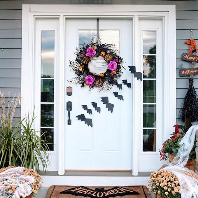 22 Inch Halloween Wreaths for Front Door Artificial Black Welcome Wreath with Pumpink Rose Skeleton Hand Indoor Outdoor Wall Holiday Decorations