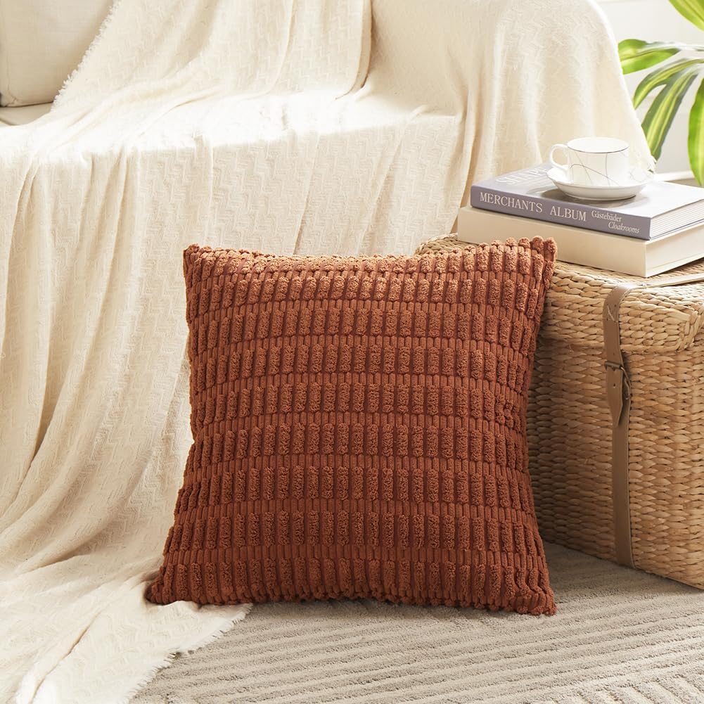 Fancy Homi 4 Packs Rust Decorative Throw Pillow Covers 24x24 Inch for Living Room Couch Bed Sofa, Terracotta Rustic Farmhouse Boho Home Decor, Soft Plush Striped Corduroy Square Cushion Case 60x60 cm