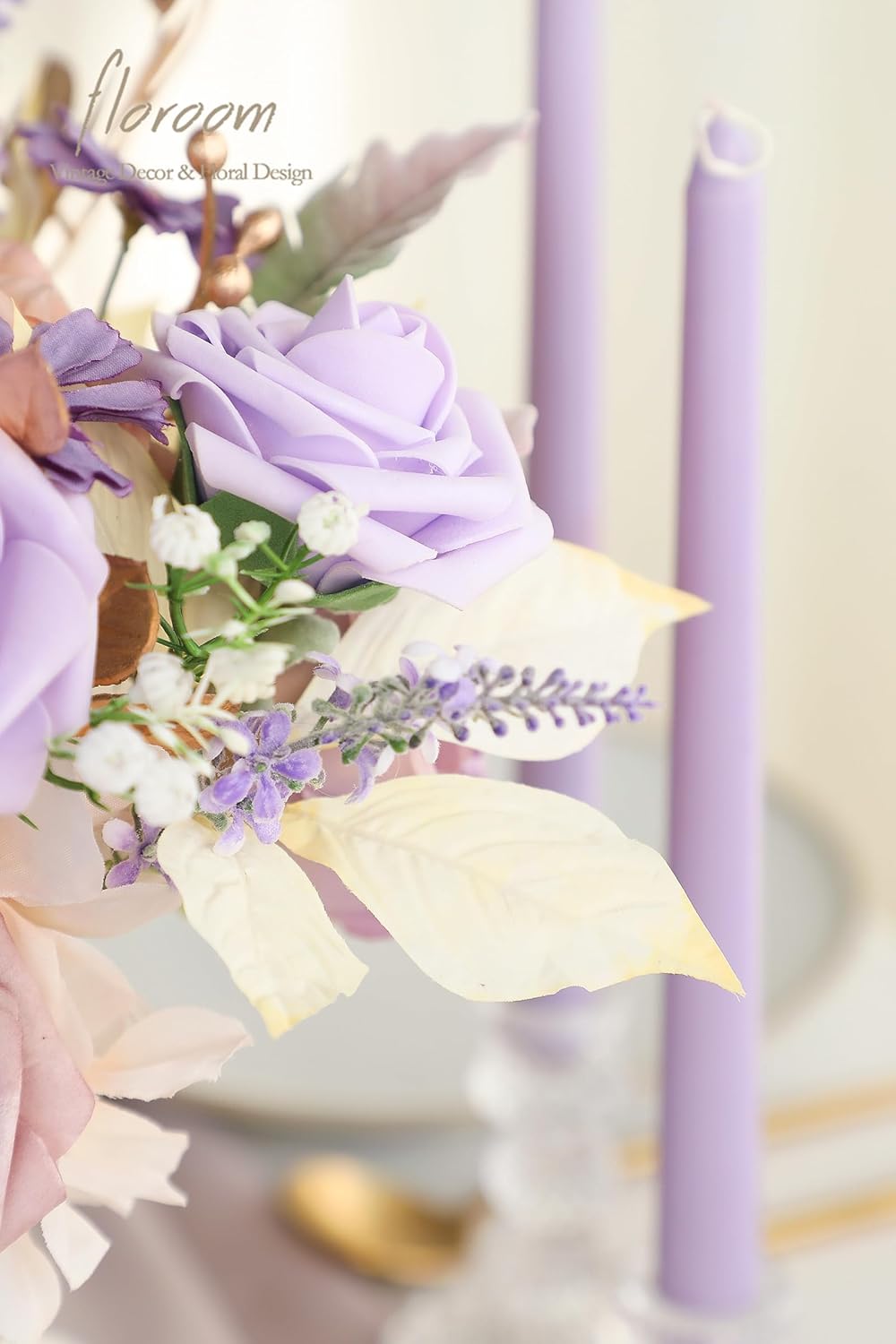 Floroom Artificial Greenery Stems Box Set, 45pcs with 9 Kinds of Faux Greenery Flowers Picks for DIY Bridal Bouquets Wedding Floral Arrangement Table Centerpieces, Lavender & Gold