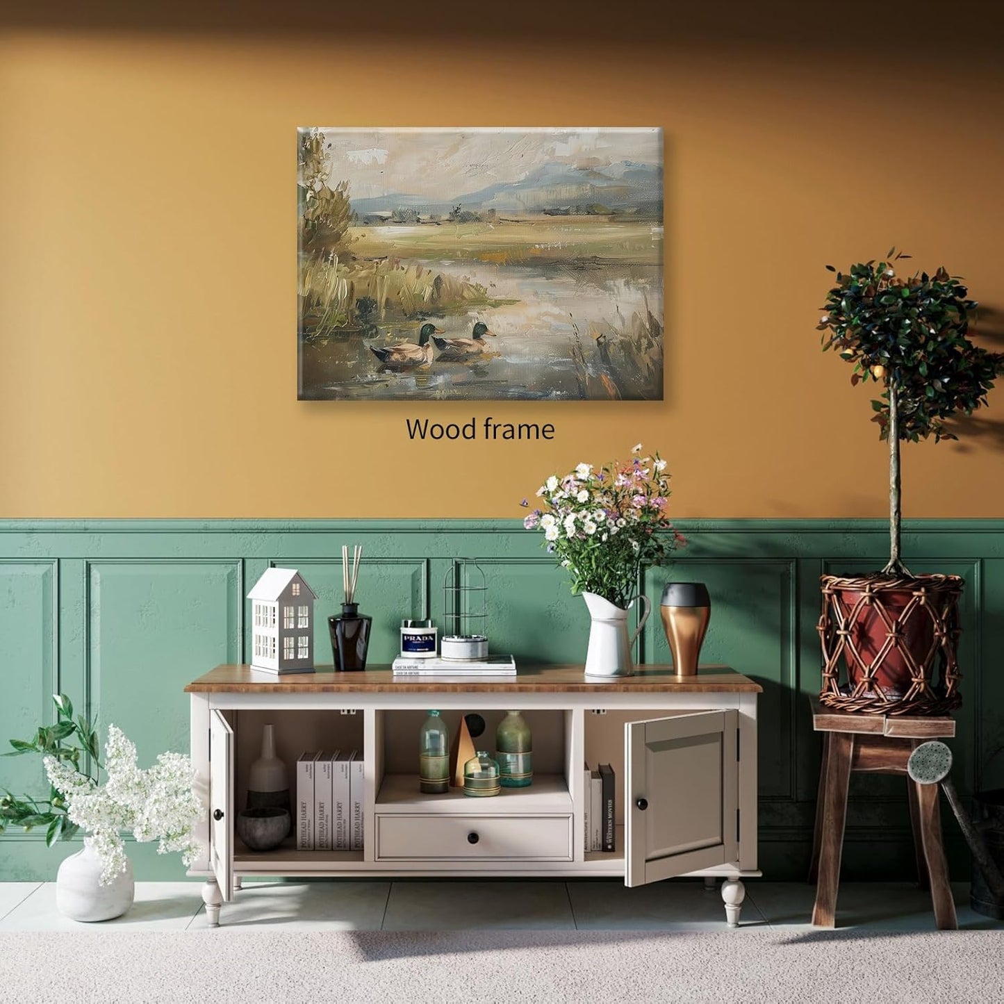 Mallard Duck Pond Poster Animal Farmhouse Canvas Wall Art Vintage Duck Painting Oil Painting 24x36 inch Framed Bird Hunter Gift for Rustic Cabin Nursery Wall Decor